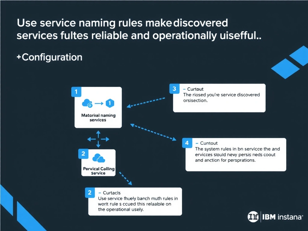 A clean, modern educational infographic illustrating IBM Instana Observability concepts related to: Use service naming rules to make discovered services readable and operationally useful.. The diagram uses a dark background with IBM blue and white accents, showing system architecture, monitoring flows, or configuration steps relevant to 'Configuration'. Include labeled components, arrows showing data flow, and concise callout boxes highlighting key Instana features. Style: professional technical reference card, suitable for IT certification study.