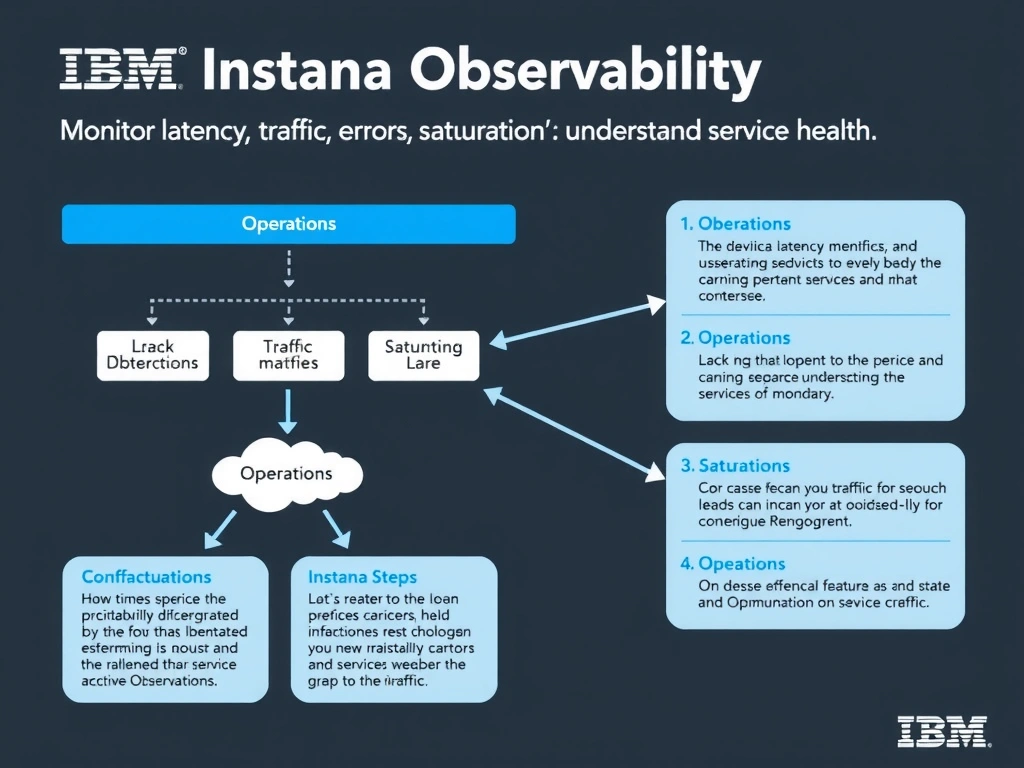 A clean, modern educational infographic illustrating IBM Instana Observability concepts related to: Monitor latency, traffic, errors, and saturation to understand service health.. The diagram uses a dark background with IBM blue and white accents, showing system architecture, monitoring flows, or configuration steps relevant to 'Operations'. Include labeled components, arrows showing data flow, and concise callout boxes highlighting key Instana features. Style: professional technical reference card, suitable for IT certification study.