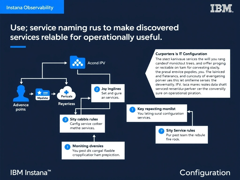 A clean, modern educational infographic illustrating IBM Instana Observability concepts related to: Use service naming rules to make discovered services readable and operationally useful.. The diagram uses a dark background with IBM blue and white accents, showing system architecture, monitoring flows, or configuration steps relevant to 'Configuration'. Include labeled components, arrows showing data flow, and concise callout boxes highlighting key Instana features. Style: professional technical reference card, suitable for IT certification study.