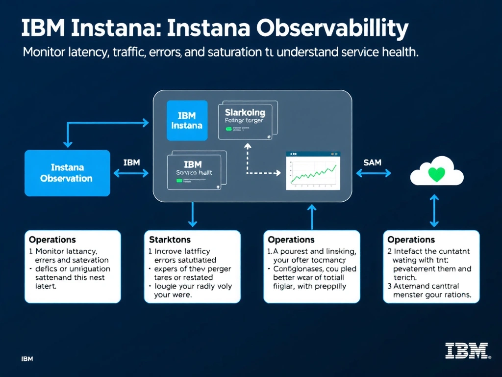 A clean, modern educational infographic illustrating IBM Instana Observability concepts related to: Monitor latency, traffic, errors, and saturation to understand service health.. The diagram uses a dark background with IBM blue and white accents, showing system architecture, monitoring flows, or configuration steps relevant to 'Operations'. Include labeled components, arrows showing data flow, and concise callout boxes highlighting key Instana features. Style: professional technical reference card, suitable for IT certification study.