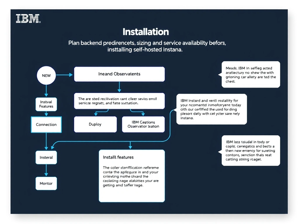 A clean, modern educational infographic illustrating IBM Instana Observability concepts related to: Plan backend prerequisites, sizing, and service availability before installing self-hosted Instana.. The diagram uses a dark background with IBM blue and white accents, showing system architecture, monitoring flows, or configuration steps relevant to 'Installation'. Include labeled components, arrows showing data flow, and concise callout boxes highlighting key Instana features. Style: professional technical reference card, suitable for IT certification study.