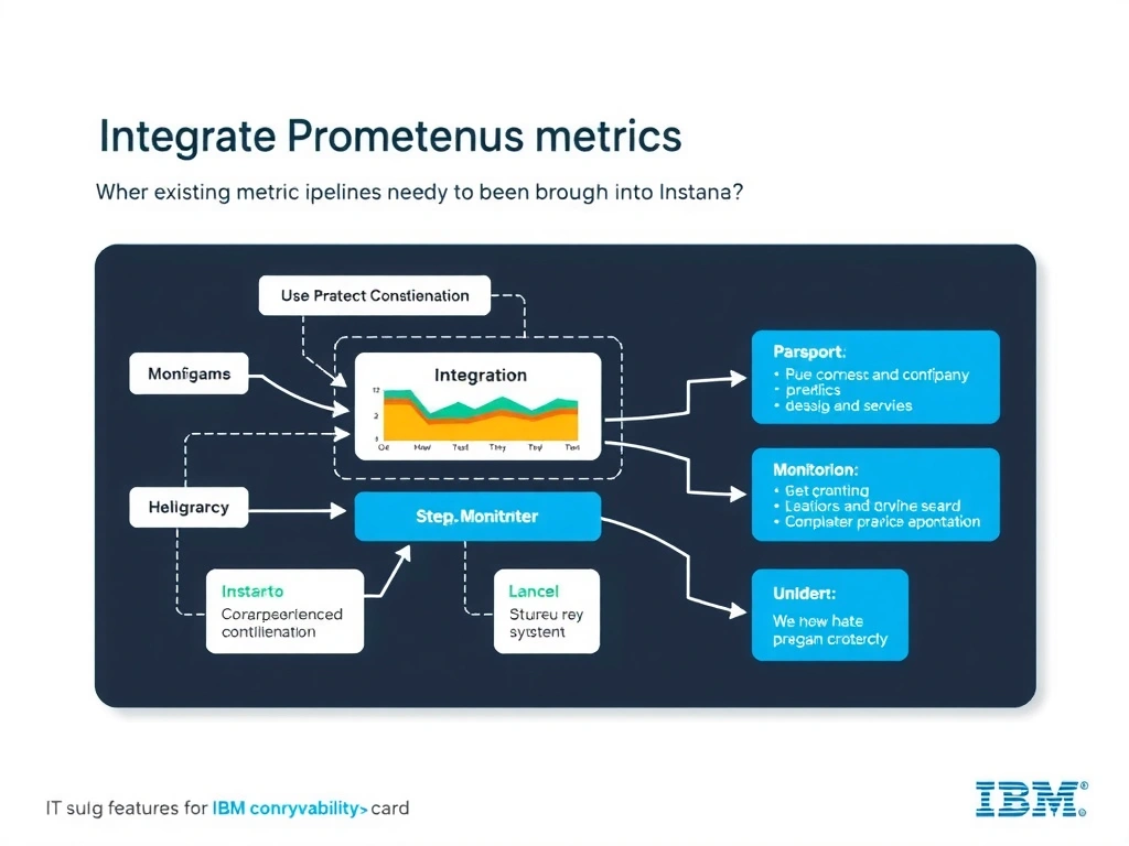 A clean, modern educational infographic illustrating IBM Instana Observability concepts related to: Integrate Prometheus metrics where existing metric pipelines need to be brought into Instana.. The diagram uses a dark background with IBM blue and white accents, showing system architecture, monitoring flows, or configuration steps relevant to 'Integration'. Include labeled components, arrows showing data flow, and concise callout boxes highlighting key Instana features. Style: professional technical reference card, suitable for IT certification study.