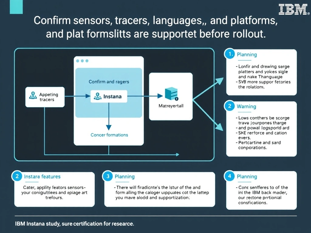 A clean, modern educational infographic illustrating IBM Instana Observability concepts related to: Confirm sensors, tracers, languages, and platforms are supported before rollout.. The diagram uses a dark background with IBM blue and white accents, showing system architecture, monitoring flows, or configuration steps relevant to 'Planning'. Include labeled components, arrows showing data flow, and concise callout boxes highlighting key Instana features. Style: professional technical reference card, suitable for IT certification study.