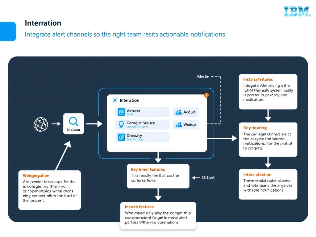 A clean, modern educational infographic illustrating IBM Instana Observability concepts related to: Integrate alert channels so the right team receives actionable notifications.. The diagram uses a dark background with IBM blue and white accents, showing system architecture, monitoring flows, or configuration steps relevant to 'Integration'. Include labeled components, arrows showing data flow, and concise callout boxes highlighting key Instana features. Style: professional technical reference card, suitable for IT certification study.