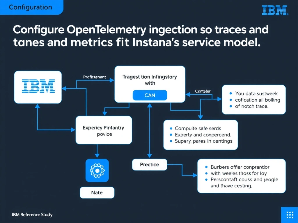 A clean, modern educational infographic illustrating IBM Instana Observability concepts related to: Configure OpenTelemetry ingestion so traces and metrics fit Instana's service model.. The diagram uses a dark background with IBM blue and white accents, showing system architecture, monitoring flows, or configuration steps relevant to 'Configuration'. Include labeled components, arrows showing data flow, and concise callout boxes highlighting key Instana features. Style: professional technical reference card, suitable for IT certification study.
