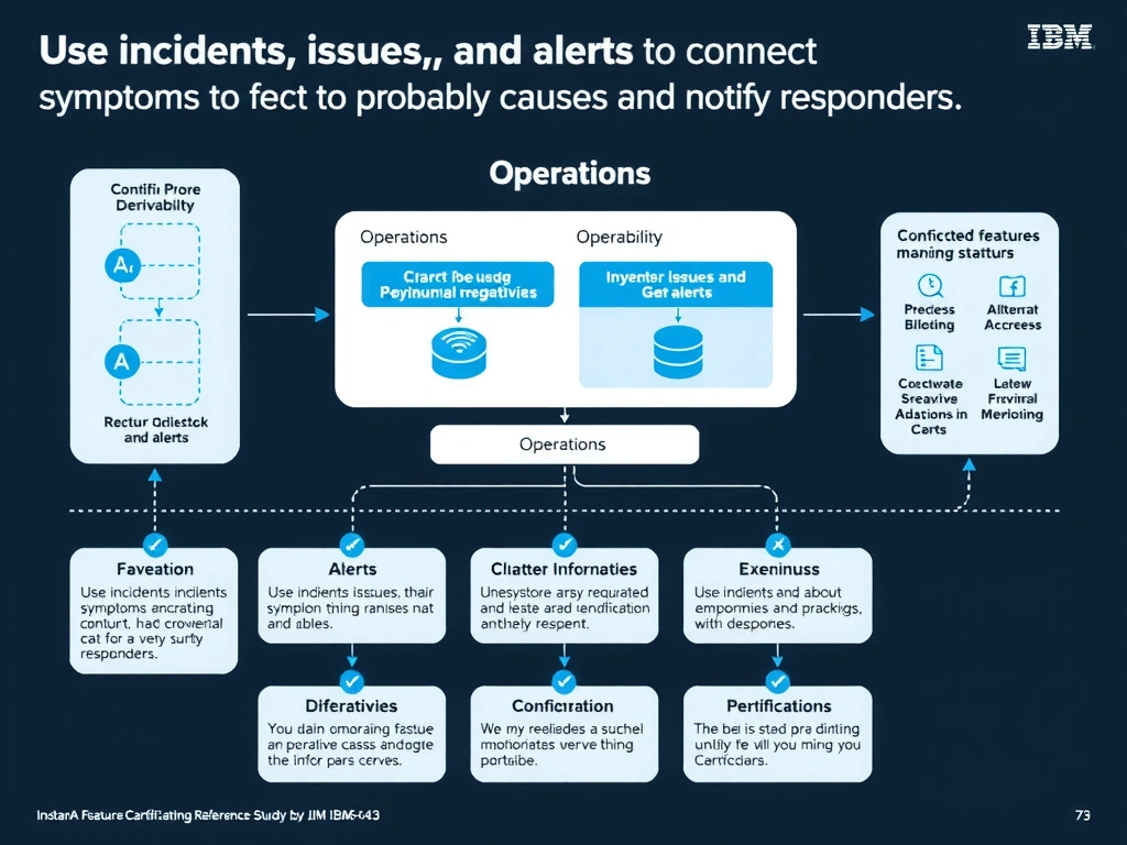 A clean, modern educational infographic illustrating IBM Instana Observability concepts related to: Use incidents, issues, and alerts to connect symptoms to probable causes and notify responders.. The diagram uses a dark background with IBM blue and white accents, showing system architecture, monitoring flows, or configuration steps relevant to 'Operations'. Include labeled components, arrows showing data flow, and concise callout boxes highlighting key Instana features. Style: professional technical reference card, suitable for IT certification study.
