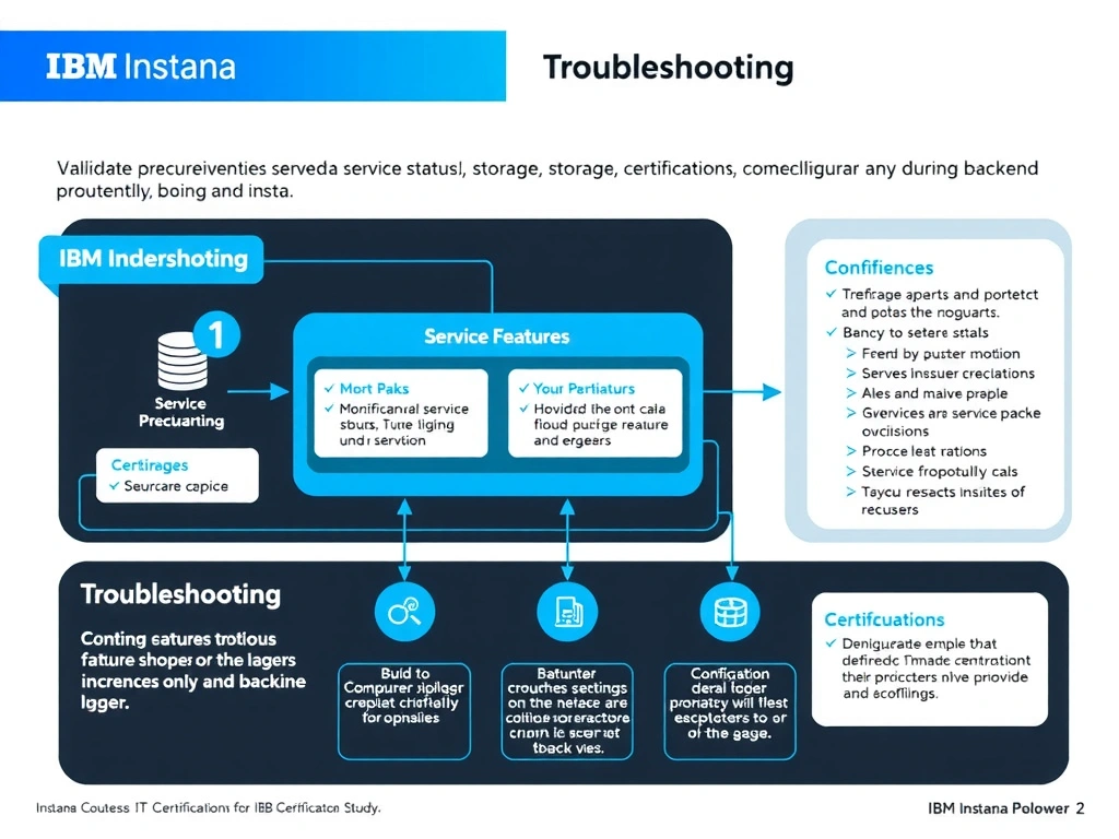 A clean, modern educational infographic illustrating IBM Instana Observability concepts related to: Validate prerequisites, service status, storage, certificates, and connectivity during backend insta. The diagram uses a dark background with IBM blue and white accents, showing system architecture, monitoring flows, or configuration steps relevant to 'Troubleshooting'. Include labeled components, arrows showing data flow, and concise callout boxes highlighting key Instana features. Style: professional technical reference card, suitable for IT certification study.