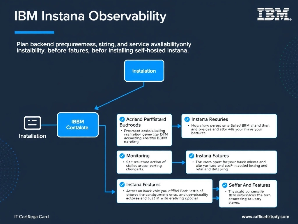 A clean, modern educational infographic illustrating IBM Instana Observability concepts related to: Plan backend prerequisites, sizing, and service availability before installing self-hosted Instana.. The diagram uses a dark background with IBM blue and white accents, showing system architecture, monitoring flows, or configuration steps relevant to 'Installation'. Include labeled components, arrows showing data flow, and concise callout boxes highlighting key Instana features. Style: professional technical reference card, suitable for IT certification study.