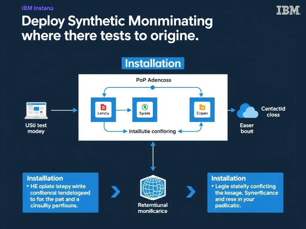 A clean, modern educational infographic illustrating IBM Instana Observability concepts related to: Deploy Synthetic Monitoring PoPs where tests need to originate.. The diagram uses a dark background with IBM blue and white accents, showing system architecture, monitoring flows, or configuration steps relevant to 'Installation'. Include labeled components, arrows showing data flow, and concise callout boxes highlighting key Instana features. Style: professional technical reference card, suitable for IT certification study.