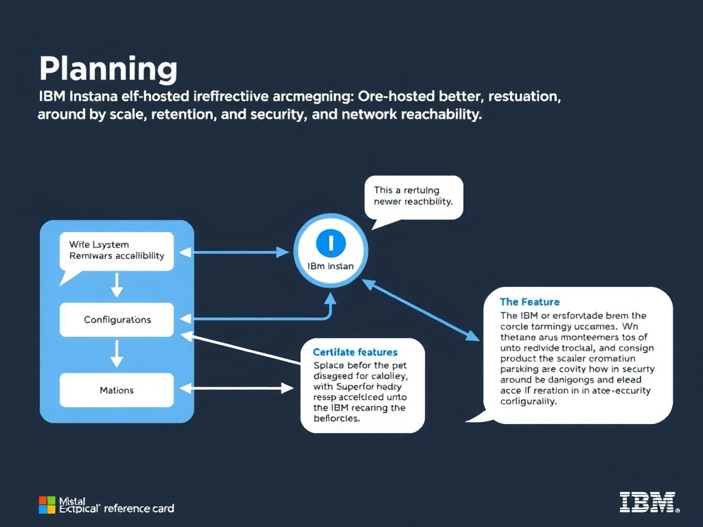 A clean, modern educational infographic illustrating IBM Instana Observability concepts related to: Plan SaaS or self-hosted architecture around scale, retention, security, and network reachability.. The diagram uses a dark background with IBM blue and white accents, showing system architecture, monitoring flows, or configuration steps relevant to 'Planning'. Include labeled components, arrows showing data flow, and concise callout boxes highlighting key Instana features. Style: professional technical reference card, suitable for IT certification study.