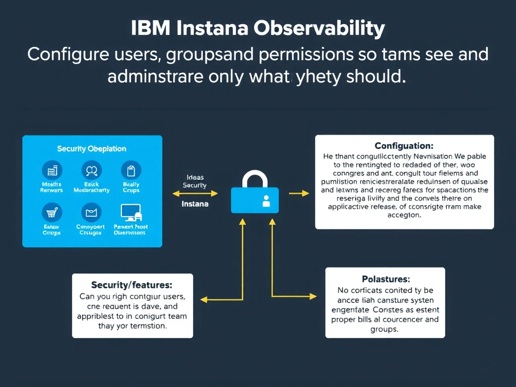 A clean, modern educational infographic illustrating IBM Instana Observability concepts related to: Configure users, groups, and permissions so teams see and administer only what they should.. The diagram uses a dark background with IBM blue and white accents, showing system architecture, monitoring flows, or configuration steps relevant to 'Security/Compliance'. Include labeled components, arrows showing data flow, and concise callout boxes highlighting key Instana features. Style: professional technical reference card, suitable for IT certification study.