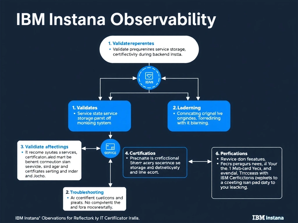A clean, modern educational infographic illustrating IBM Instana Observability concepts related to: Validate prerequisites, service status, storage, certificates, and connectivity during backend insta. The diagram uses a dark background with IBM blue and white accents, showing system architecture, monitoring flows, or configuration steps relevant to 'Troubleshooting'. Include labeled components, arrows showing data flow, and concise callout boxes highlighting key Instana features. Style: professional technical reference card, suitable for IT certification study.