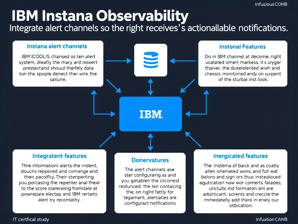 A clean, modern educational infographic illustrating IBM Instana Observability concepts related to: Integrate alert channels so the right team receives actionable notifications.. The diagram uses a dark background with IBM blue and white accents, showing system architecture, monitoring flows, or configuration steps relevant to 'Integration'. Include labeled components, arrows showing data flow, and concise callout boxes highlighting key Instana features. Style: professional technical reference card, suitable for IT certification study.