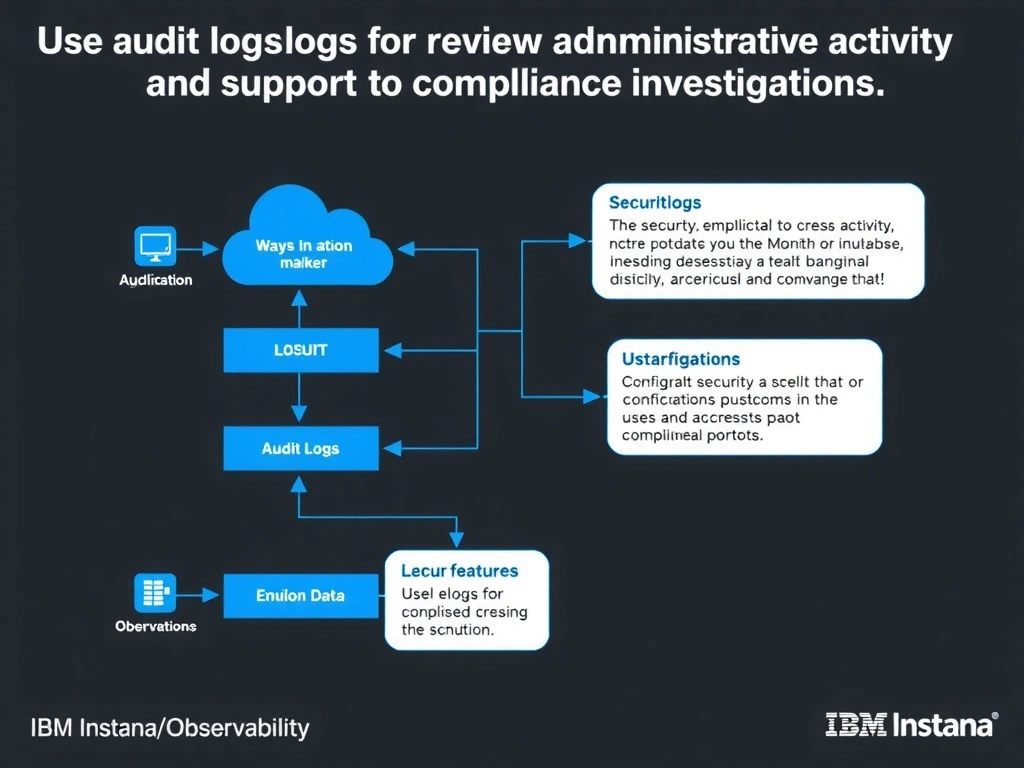 A clean, modern educational infographic illustrating IBM Instana Observability concepts related to: Use audit logs to review administrative activity and support compliance investigations.. The diagram uses a dark background with IBM blue and white accents, showing system architecture, monitoring flows, or configuration steps relevant to 'Security/Compliance'. Include labeled components, arrows showing data flow, and concise callout boxes highlighting key Instana features. Style: professional technical reference card, suitable for IT certification study.
