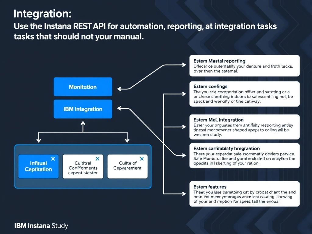 A clean, modern educational infographic illustrating IBM Instana Observability concepts related to: Use the Instana REST API for automation, reporting, and integration tasks that should not be manual.. The diagram uses a dark background with IBM blue and white accents, showing system architecture, monitoring flows, or configuration steps relevant to 'Integration'. Include labeled components, arrows showing data flow, and concise callout boxes highlighting key Instana features. Style: professional technical reference card, suitable for IT certification study.