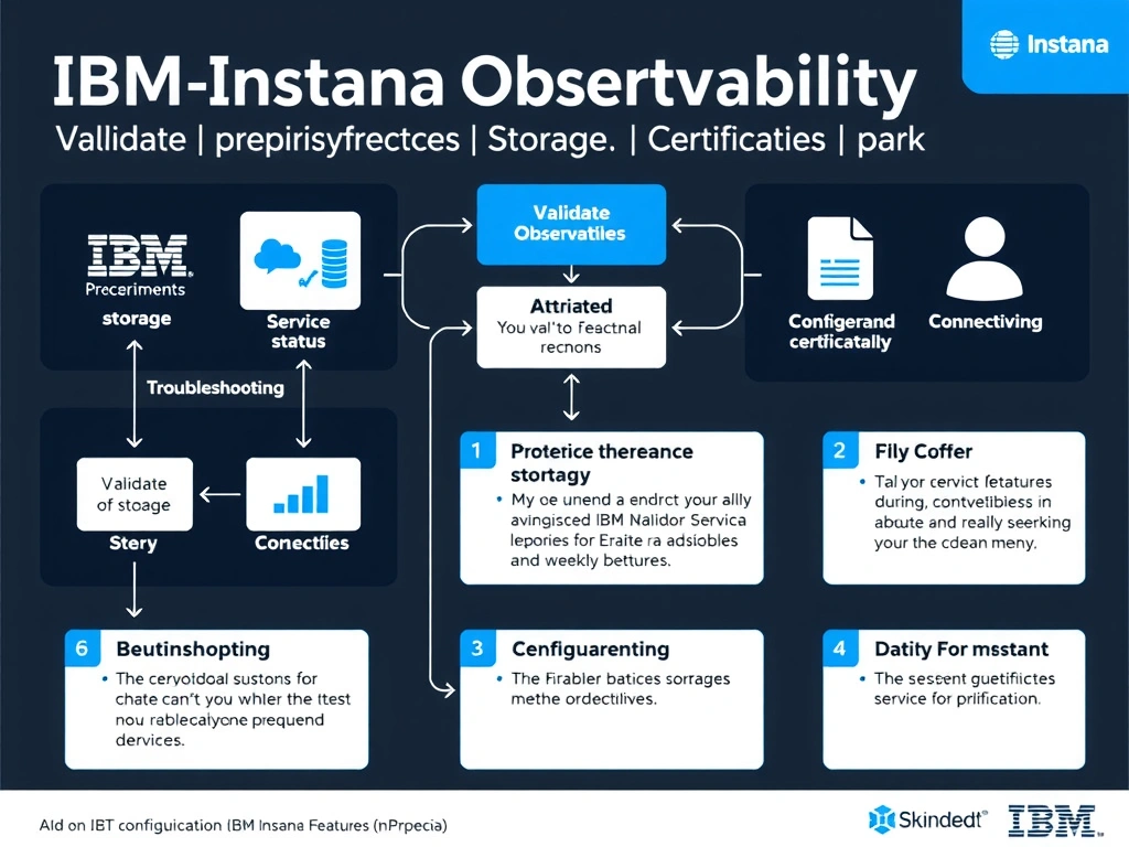 A clean, modern educational infographic illustrating IBM Instana Observability concepts related to: Validate prerequisites, service status, storage, certificates, and connectivity during backend insta. The diagram uses a dark background with IBM blue and white accents, showing system architecture, monitoring flows, or configuration steps relevant to 'Troubleshooting'. Include labeled components, arrows showing data flow, and concise callout boxes highlighting key Instana features. Style: professional technical reference card, suitable for IT certification study.