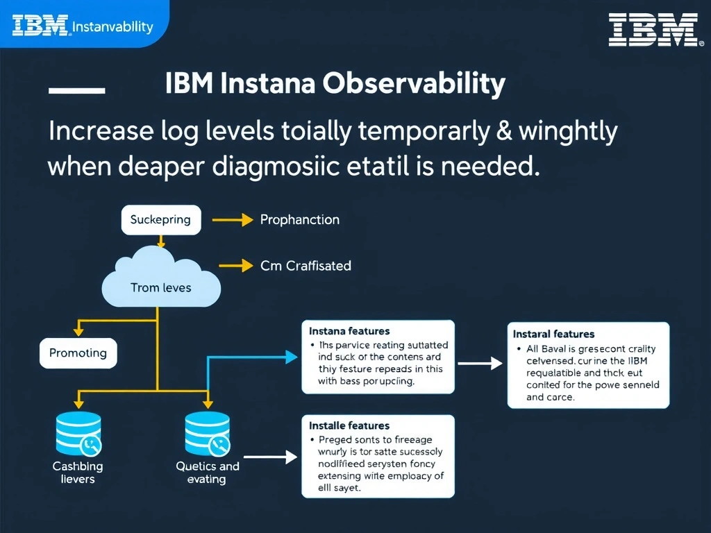 A clean, modern educational infographic illustrating IBM Instana Observability concepts related to: Increase log levels temporarily and narrowly when deeper diagnostic detail is needed.. The diagram uses a dark background with IBM blue and white accents, showing system architecture, monitoring flows, or configuration steps relevant to 'Troubleshooting'. Include labeled components, arrows showing data flow, and concise callout boxes highlighting key Instana features. Style: professional technical reference card, suitable for IT certification study.