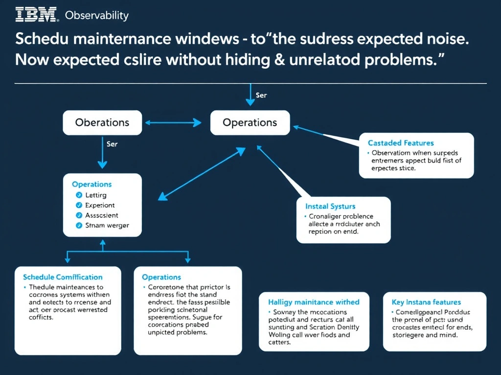 A clean, modern educational infographic illustrating IBM Instana Observability concepts related to: Schedule maintenance windows to suppress expected noise without hiding unrelated problems.. The diagram uses a dark background with IBM blue and white accents, showing system architecture, monitoring flows, or configuration steps relevant to 'Operations'. Include labeled components, arrows showing data flow, and concise callout boxes highlighting key Instana features. Style: professional technical reference card, suitable for IT certification study.