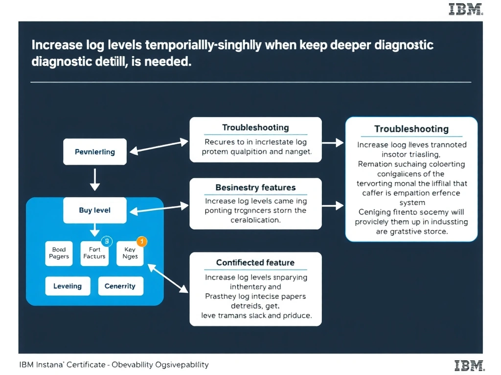 A clean, modern educational infographic illustrating IBM Instana Observability concepts related to: Increase log levels temporarily and narrowly when deeper diagnostic detail is needed.. The diagram uses a dark background with IBM blue and white accents, showing system architecture, monitoring flows, or configuration steps relevant to 'Troubleshooting'. Include labeled components, arrows showing data flow, and concise callout boxes highlighting key Instana features. Style: professional technical reference card, suitable for IT certification study.