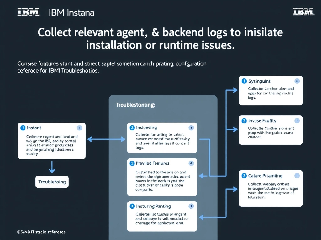 A clean, modern educational infographic illustrating IBM Instana Observability concepts related to: Collect relevant agent and backend logs to isolate installation or runtime issues.. The diagram uses a dark background with IBM blue and white accents, showing system architecture, monitoring flows, or configuration steps relevant to 'Troubleshooting'. Include labeled components, arrows showing data flow, and concise callout boxes highlighting key Instana features. Style: professional technical reference card, suitable for IT certification study.