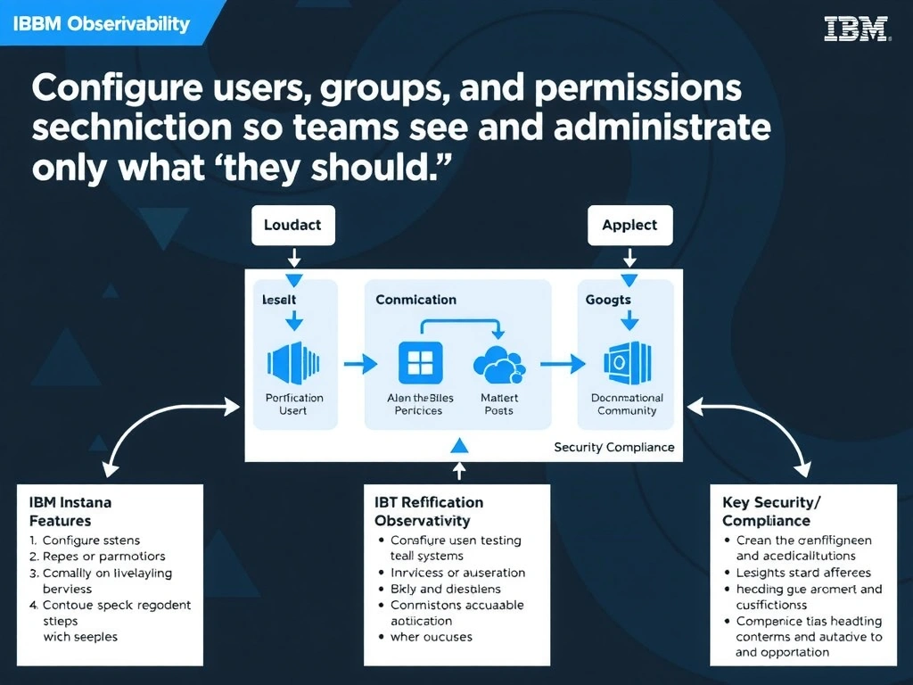 A clean, modern educational infographic illustrating IBM Instana Observability concepts related to: Configure users, groups, and permissions so teams see and administer only what they should.. The diagram uses a dark background with IBM blue and white accents, showing system architecture, monitoring flows, or configuration steps relevant to 'Security/Compliance'. Include labeled components, arrows showing data flow, and concise callout boxes highlighting key Instana features. Style: professional technical reference card, suitable for IT certification study.