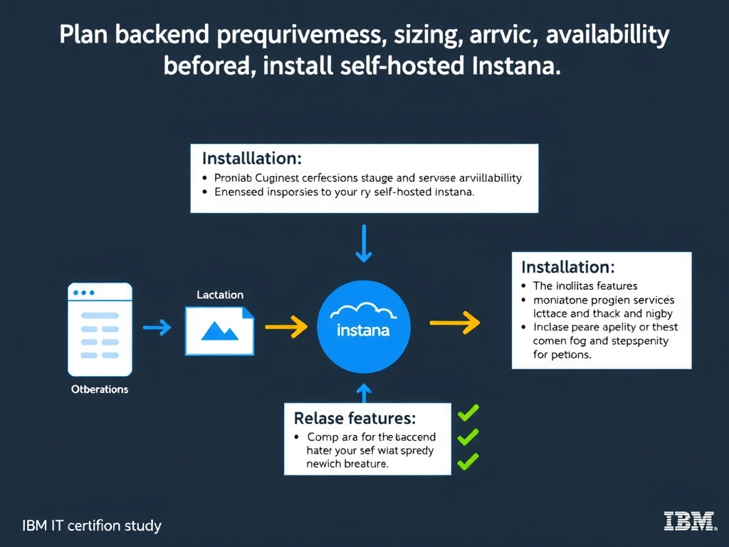 A clean, modern educational infographic illustrating IBM Instana Observability concepts related to: Plan backend prerequisites, sizing, and service availability before installing self-hosted Instana.. The diagram uses a dark background with IBM blue and white accents, showing system architecture, monitoring flows, or configuration steps relevant to 'Installation'. Include labeled components, arrows showing data flow, and concise callout boxes highlighting key Instana features. Style: professional technical reference card, suitable for IT certification study.