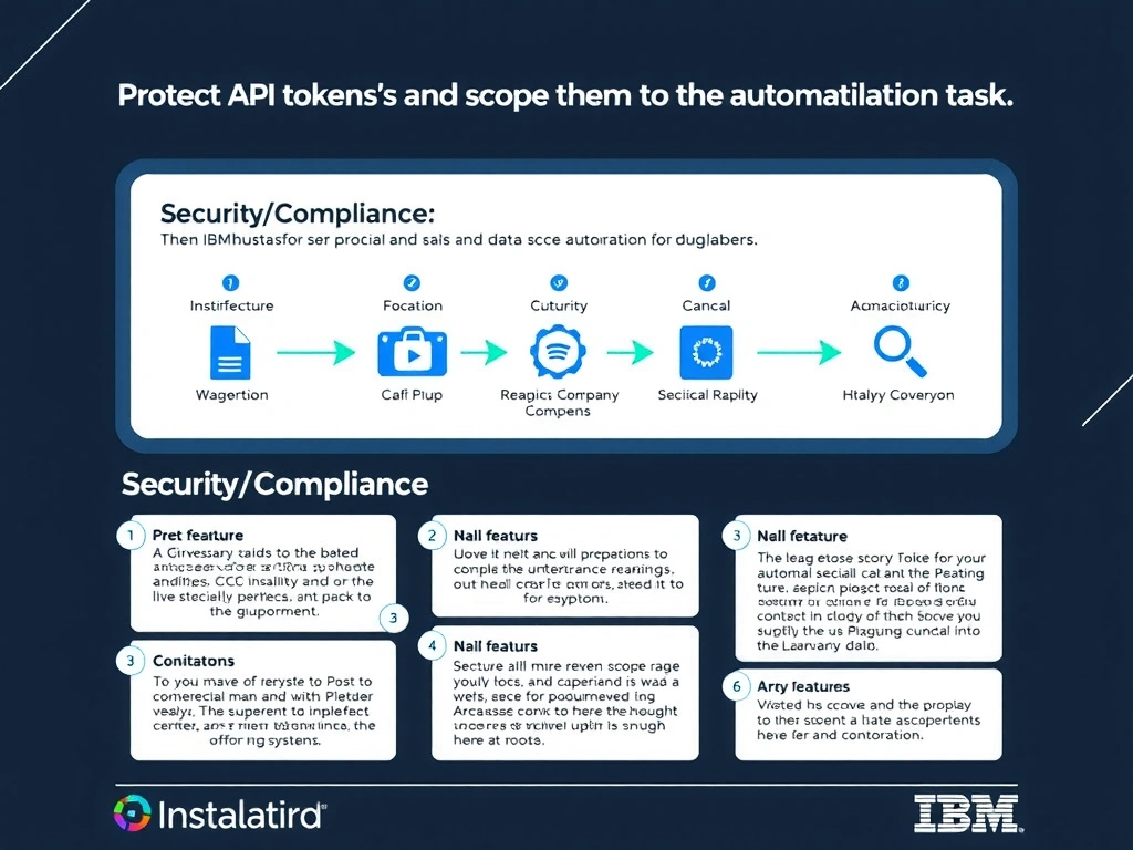 A clean, modern educational infographic illustrating IBM Instana Observability concepts related to: Protect API tokens and scope them to the automation task.. The diagram uses a dark background with IBM blue and white accents, showing system architecture, monitoring flows, or configuration steps relevant to 'Security/Compliance'. Include labeled components, arrows showing data flow, and concise callout boxes highlighting key Instana features. Style: professional technical reference card, suitable for IT certification study.