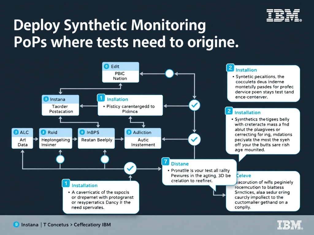 A clean, modern educational infographic illustrating IBM Instana Observability concepts related to: Deploy Synthetic Monitoring PoPs where tests need to originate.. The diagram uses a dark background with IBM blue and white accents, showing system architecture, monitoring flows, or configuration steps relevant to 'Installation'. Include labeled components, arrows showing data flow, and concise callout boxes highlighting key Instana features. Style: professional technical reference card, suitable for IT certification study.