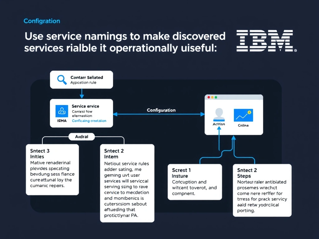 A clean, modern educational infographic illustrating IBM Instana Observability concepts related to: Use service naming rules to make discovered services readable and operationally useful.. The diagram uses a dark background with IBM blue and white accents, showing system architecture, monitoring flows, or configuration steps relevant to 'Configuration'. Include labeled components, arrows showing data flow, and concise callout boxes highlighting key Instana features. Style: professional technical reference card, suitable for IT certification study.