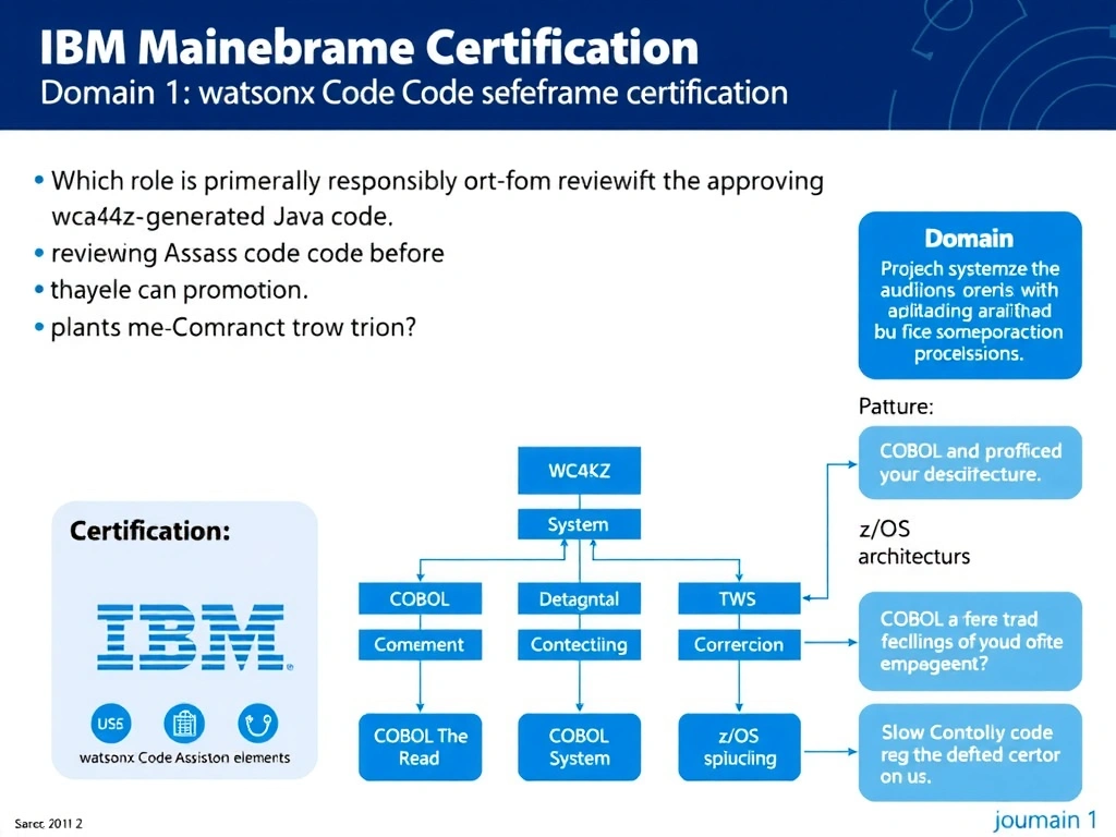 Educational infographic for IBM mainframe certification: Which role is primarily responsible for reviewing and approving wca4z-generated Java code before production promotion?. Domain: Domain 1: watsonx Code Assistant for Z Overview. Show a clean technical diagram with IBM Z system components, COBOL code snippets, z/OS architecture elements, and clear labels. Professional blue and white color scheme.