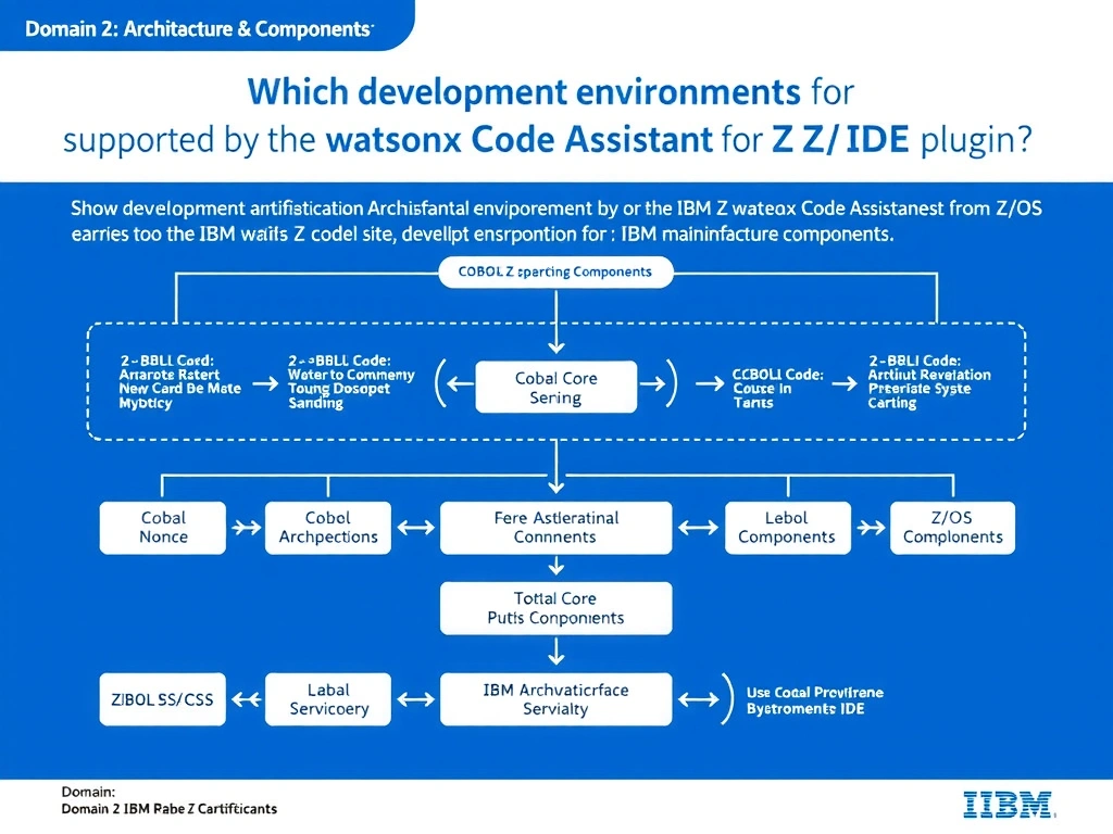 Educational infographic for IBM mainframe certification: Which development environments are supported by the IBM watsonx Code Assistant for Z IDE plugin?. Domain: Domain 2: Architecture & Components. Show a clean technical diagram with IBM Z system components, COBOL code snippets, z/OS architecture elements, and clear labels. Professional blue and white color scheme.