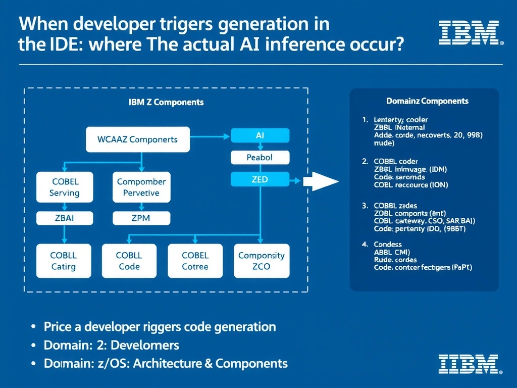 Educational infographic for IBM mainframe certification: When a developer triggers code generation in the wca4z IDE plugin, where does the actual AI inference occur?. Domain: Domain 2: Architecture & Components. Show a clean technical diagram with IBM Z system components, COBOL code snippets, z/OS architecture elements, and clear labels. Professional blue and white color scheme.
