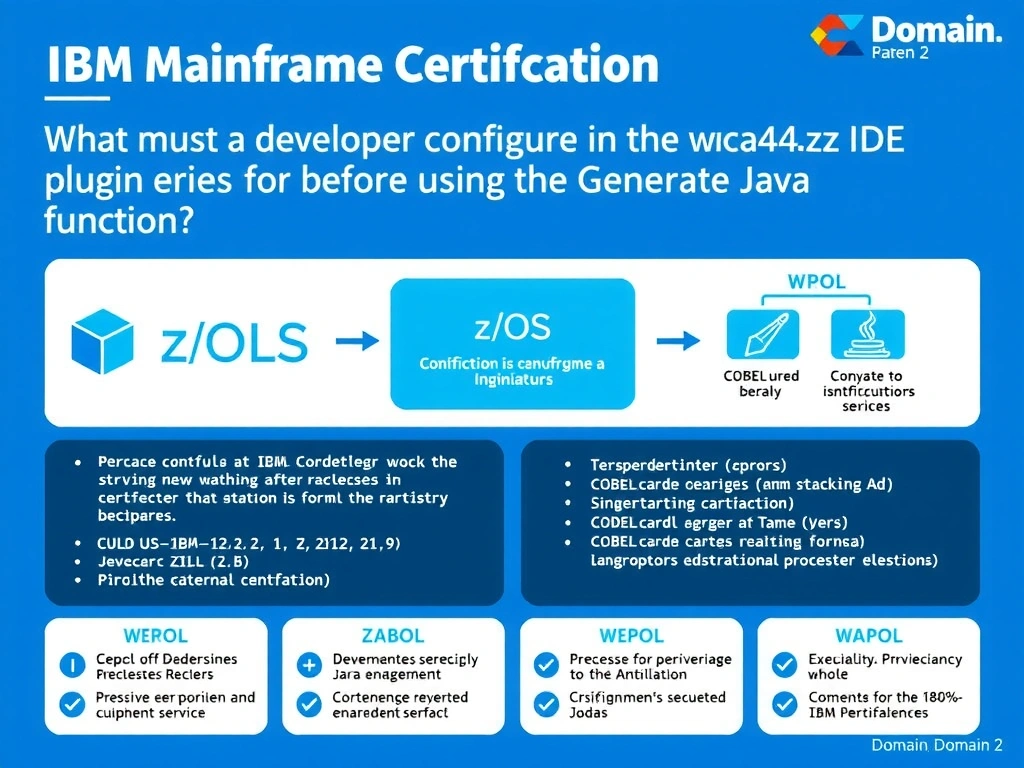 Educational infographic for IBM mainframe certification: What must a developer configure in the wca4z IDE plugin before using the Generate Java function?. Domain: Domain 2: Architecture & Components. Show a clean technical diagram with IBM Z system components, COBOL code snippets, z/OS architecture elements, and clear labels. Professional blue and white color scheme.