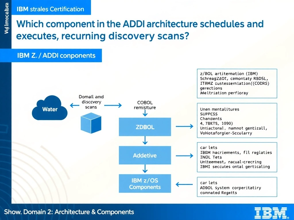 Educational infographic for IBM mainframe certification: Which component in the ADDI architecture schedules and executes recurring discovery scans?. Domain: Domain 2: Architecture & Components. Show a clean technical diagram with IBM Z system components, COBOL code snippets, z/OS architecture elements, and clear labels. Professional blue and white color scheme.