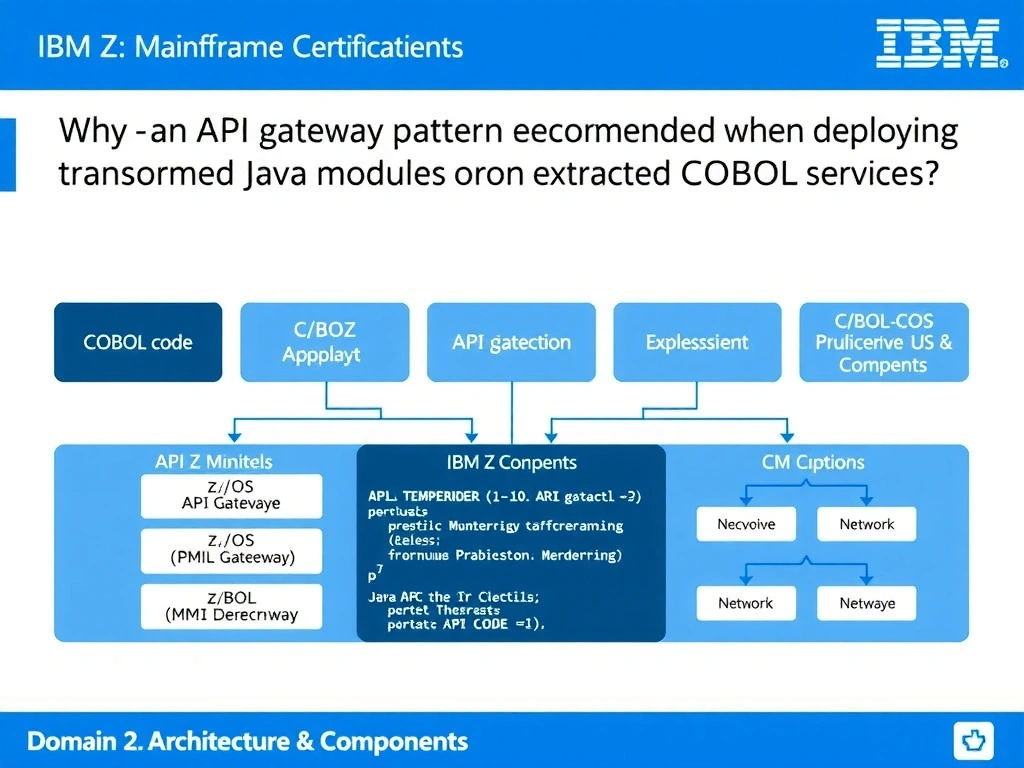 Educational infographic for IBM mainframe certification: Why is an API gateway pattern recommended when deploying transformed Java modules that replace extracted COBOL services?. Domain: Domain 2: Architecture & Components. Show a clean technical diagram with IBM Z system components, COBOL code snippets, z/OS architecture elements, and clear labels. Professional blue and white color scheme.