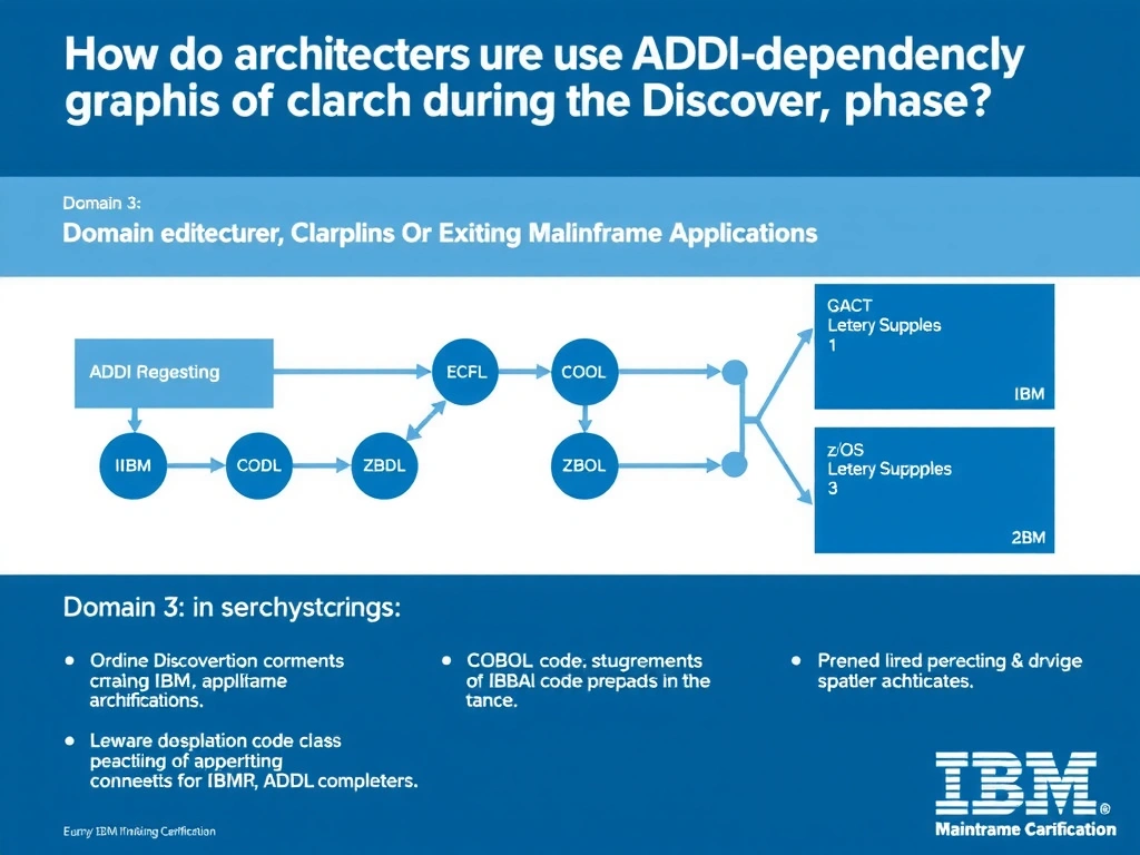 Educational infographic for IBM mainframe certification: How do architects use ADDI dependency graphs during the Discover phase?. Domain: Domain 3: Discover and Explain Existing Mainframe Applications. Show a clean technical diagram with IBM Z system components, COBOL code snippets, z/OS architecture elements, and clear labels. Professional blue and white color scheme.