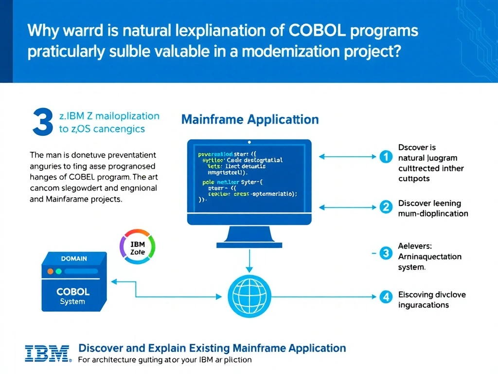 Educational infographic for IBM mainframe certification: Why is natural language explanation of COBOL programs particularly valuable in a modernization project?. Domain: Domain 3: Discover and Explain Existing Mainframe Applications. Show a clean technical diagram with IBM Z system components, COBOL code snippets, z/OS architecture elements, and clear labels. Professional blue and white color scheme.
