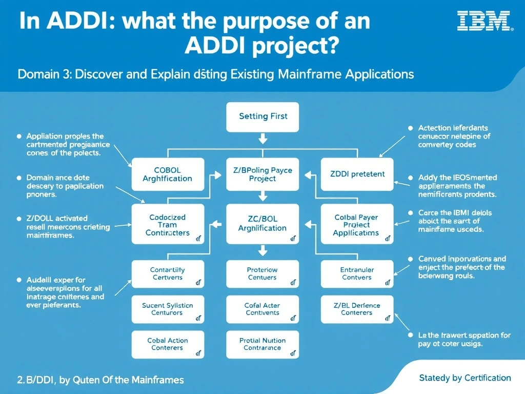 Educational infographic for IBM mainframe certification: In ADDI, what is the purpose of an ADDI project?. Domain: Domain 3: Discover and Explain Existing Mainframe Applications. Show a clean technical diagram with IBM Z system components, COBOL code snippets, z/OS architecture elements, and clear labels. Professional blue and white color scheme.