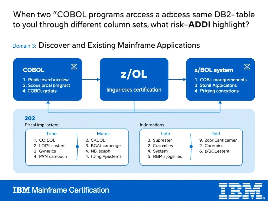 Educational infographic for IBM mainframe certification: When two COBOL programs access the same DB2 table through different column sets, what risk does ADDI highlight?. Domain: Domain 3: Discover and Explain Existing Mainframe Applications. Show a clean technical diagram with IBM Z system components, COBOL code snippets, z/OS architecture elements, and clear labels. Professional blue and white color scheme.