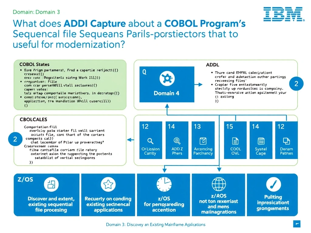 Educational infographic for IBM mainframe certification: What does ADDI capture about a COBOL program's sequential file processing that is useful for modernization?. Domain: Domain 3: Discover and Explain Existing Mainframe Applications. Show a clean technical diagram with IBM Z system components, COBOL code snippets, z/OS architecture elements, and clear labels. Professional blue and white color scheme.