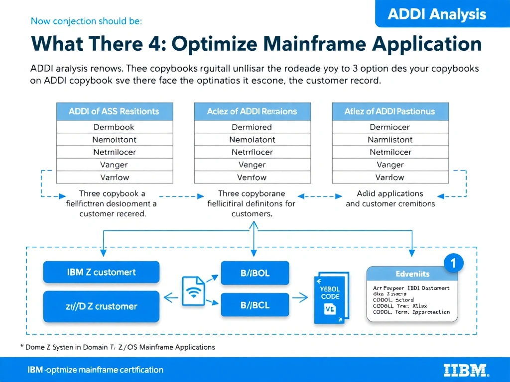 Educational infographic for IBM mainframe certification: ADDI analysis shows three copybooks with identical field definitions for a customer record. What optimization should be . Domain: Domain 4: Optimize Mainframe Applications. Show a clean technical diagram with IBM Z system components, COBOL code snippets, z/OS architecture elements, and clear labels. Professional blue and white color scheme.
