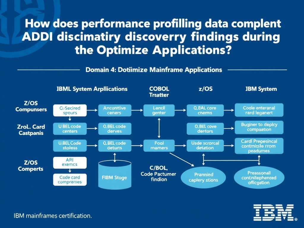Educational infographic for IBM mainframe certification: How does performance profiling data complement ADDI discovery findings during the Optimize phase?. Domain: Domain 4: Optimize Mainframe Applications. Show a clean technical diagram with IBM Z system components, COBOL code snippets, z/OS architecture elements, and clear labels. Professional blue and white color scheme.
