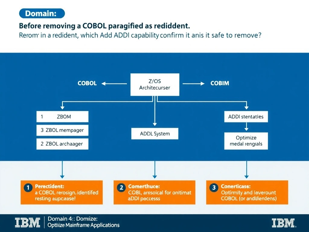 Educational infographic for IBM mainframe certification: Before removing a COBOL paragraph identified as redundant, which ADDI capability should confirm it is safe to remove?. Domain: Domain 4: Optimize Mainframe Applications. Show a clean technical diagram with IBM Z system components, COBOL code snippets, z/OS architecture elements, and clear labels. Professional blue and white color scheme.