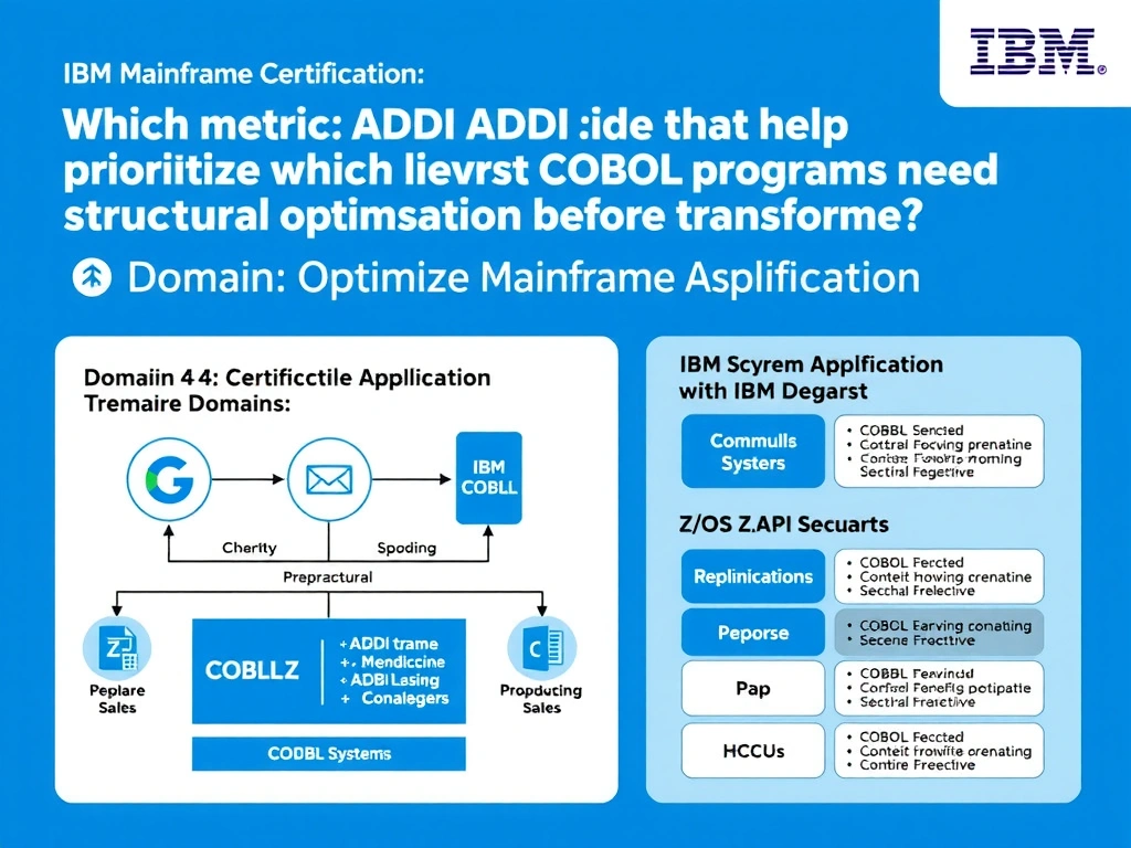 Educational infographic for IBM mainframe certification: Which metric does ADDI provide that helps prioritize which COBOL programs need structural optimization before transforma. Domain: Domain 4: Optimize Mainframe Applications. Show a clean technical diagram with IBM Z system components, COBOL code snippets, z/OS architecture elements, and clear labels. Professional blue and white color scheme.