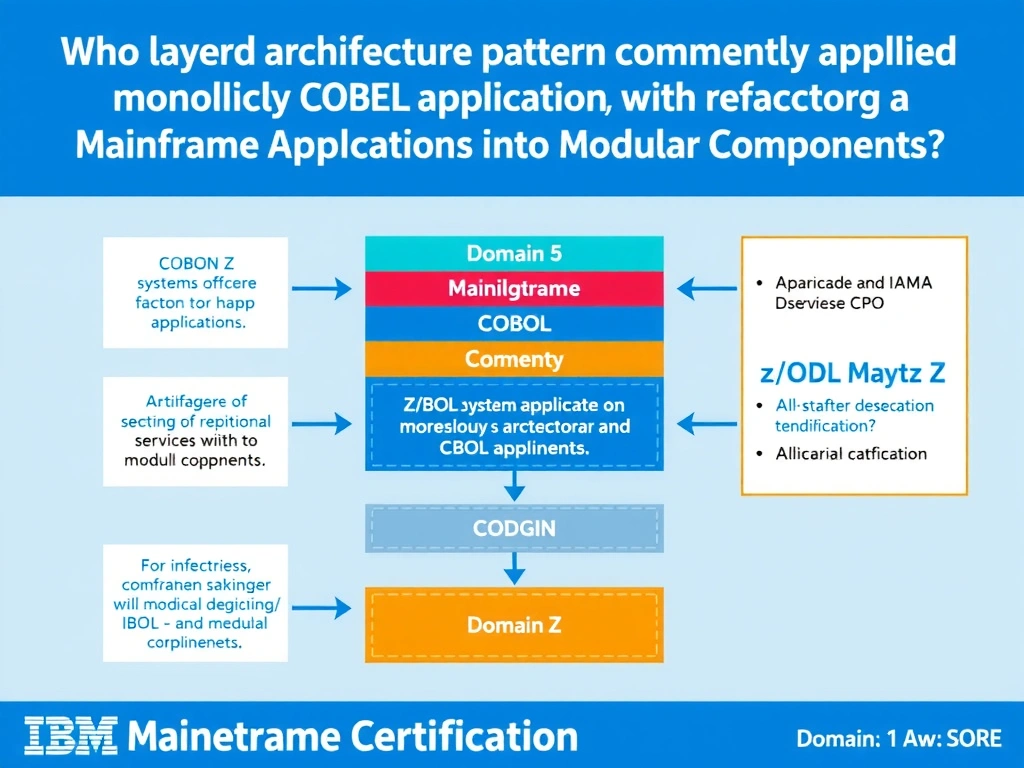 Educational infographic for IBM mainframe certification: Which layered architecture pattern is commonly applied when refactoring a monolithic COBOL application?. Domain: Domain 5: Refactor Mainframe Applications into Modular Components. Show a clean technical diagram with IBM Z system components, COBOL code snippets, z/OS architecture elements, and clear labels. Professional blue and white color scheme.