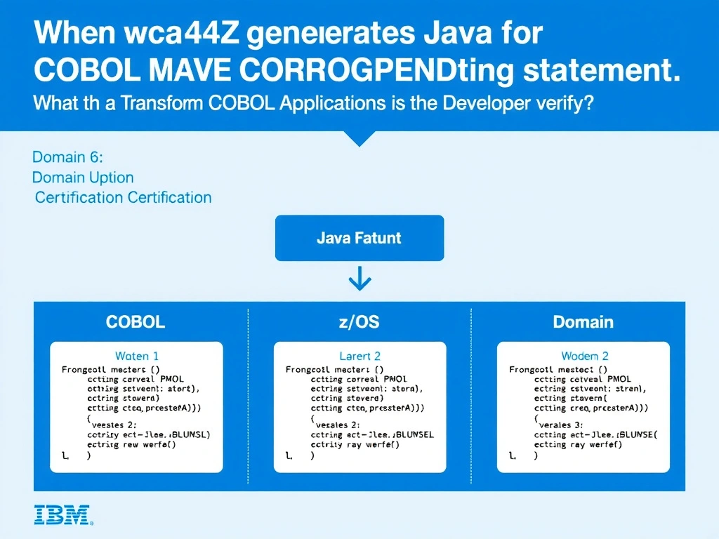 Educational infographic for IBM mainframe certification: When wca4z generates Java for a COBOL MOVE CORRESPONDING statement, what must the developer verify?. Domain: Domain 6: Transform COBOL Applications into Java Modules. Show a clean technical diagram with IBM Z system components, COBOL code snippets, z/OS architecture elements, and clear labels. Professional blue and white color scheme.