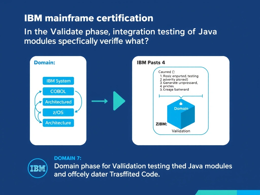 Educational infographic for IBM mainframe certification: In the Validate phase, integration testing of generated Java modules specifically verifies what?. Domain: Domain 7: Validate Transformed Code. Show a clean technical diagram with IBM Z system components, COBOL code snippets, z/OS architecture elements, and clear labels. Professional blue and white color scheme.