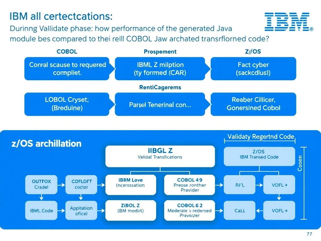 Educational infographic for IBM mainframe certification: During the Validate phase, how should performance of the generated Java module be compared to the original COBOL?. Domain: Domain 7: Validate Transformed Code. Show a clean technical diagram with IBM Z system components, COBOL code snippets, z/OS architecture elements, and clear labels. Professional blue and white color scheme.