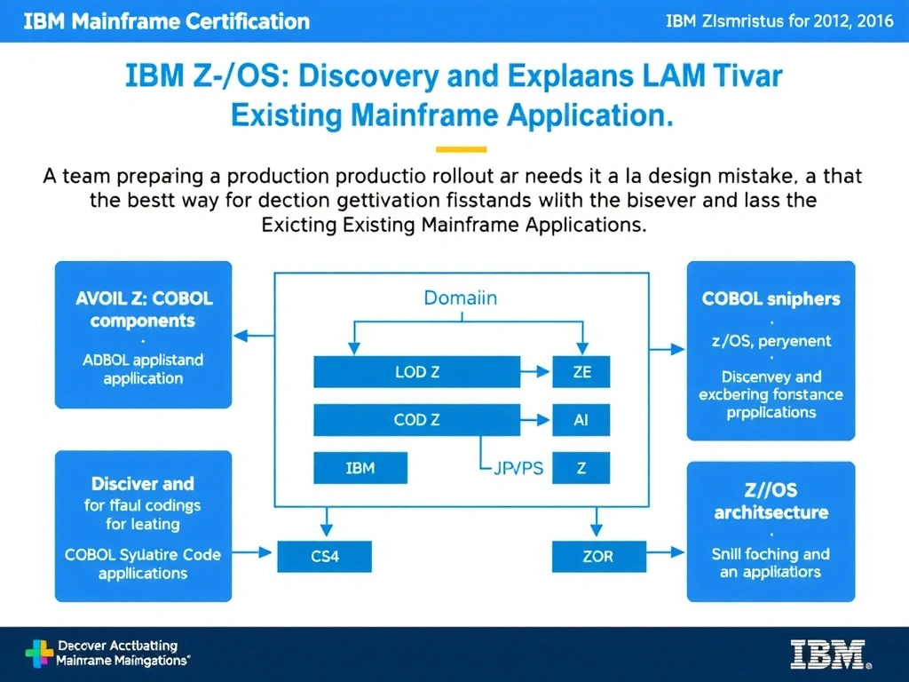 Educational infographic for IBM mainframe certification: A team is preparing a production rollout and needs to avoid a design mistake. What is the best way to handle application. Domain: Domain 3: Discover and Explain Existing Mainframe Applications. Show a clean technical diagram with IBM Z system components, COBOL code snippets, z/OS architecture elements, and clear labels. Professional blue and white color scheme.