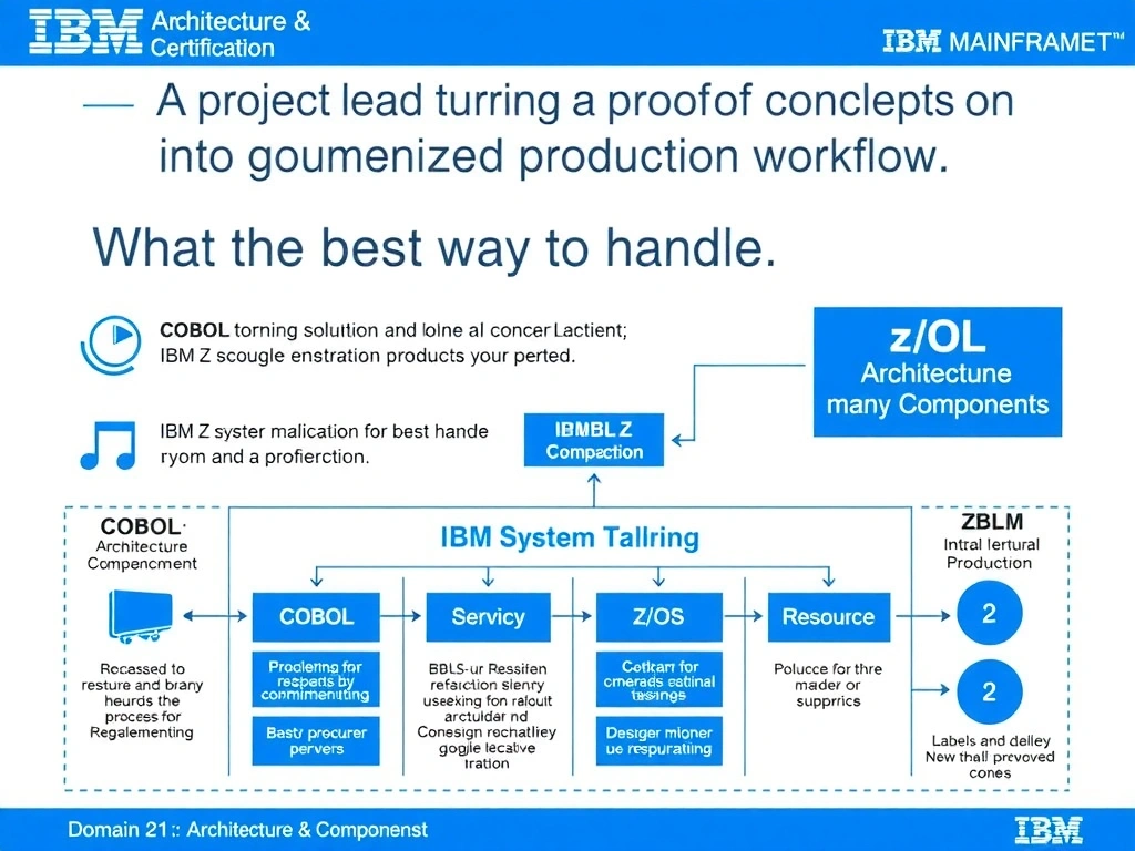 Educational infographic for IBM mainframe certification: A project lead is turning a proof of concept into a governed production workflow. What is the best way to handle resourc. Domain: Domain 2: Architecture & Components. Show a clean technical diagram with IBM Z system components, COBOL code snippets, z/OS architecture elements, and clear labels. Professional blue and white color scheme.